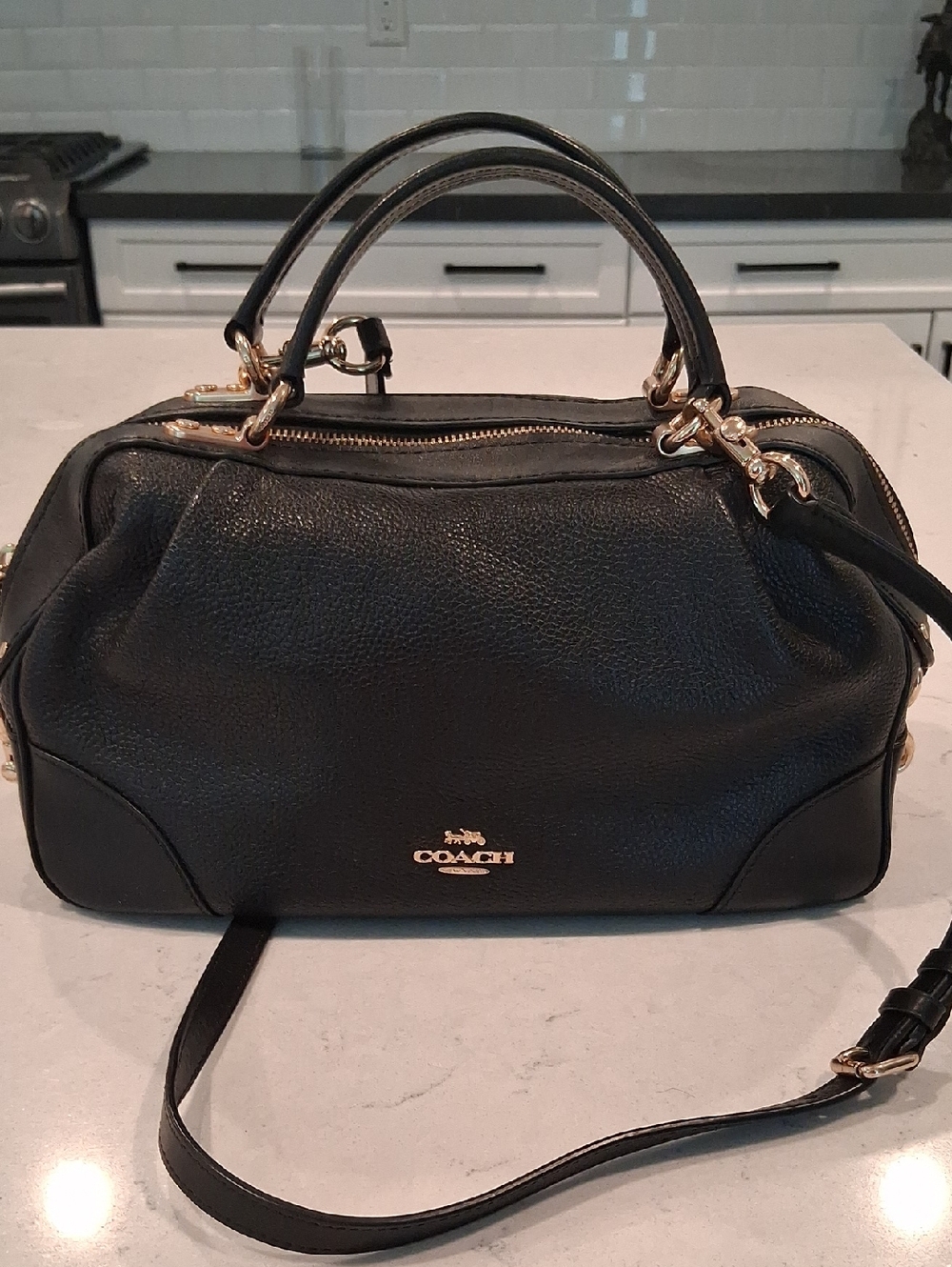 Coach Black Pebbled Leather Satchel with Gold Hardware and Crossbody Strap